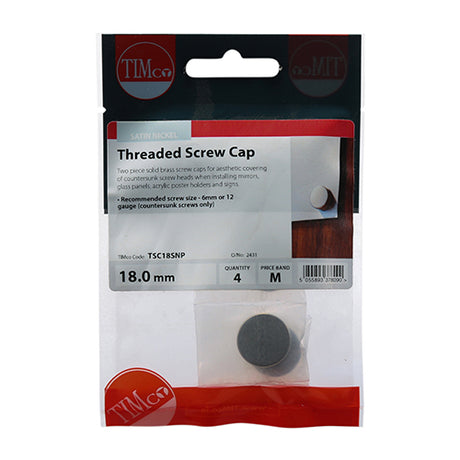 This is an image showing TIMCO Threaded Screw Caps - Solid Brass - Satin Nickel - 18mm - 4 Pieces TIMpac available from T.H Wiggans Ironmongery in Kendal, quick delivery at discounted prices.