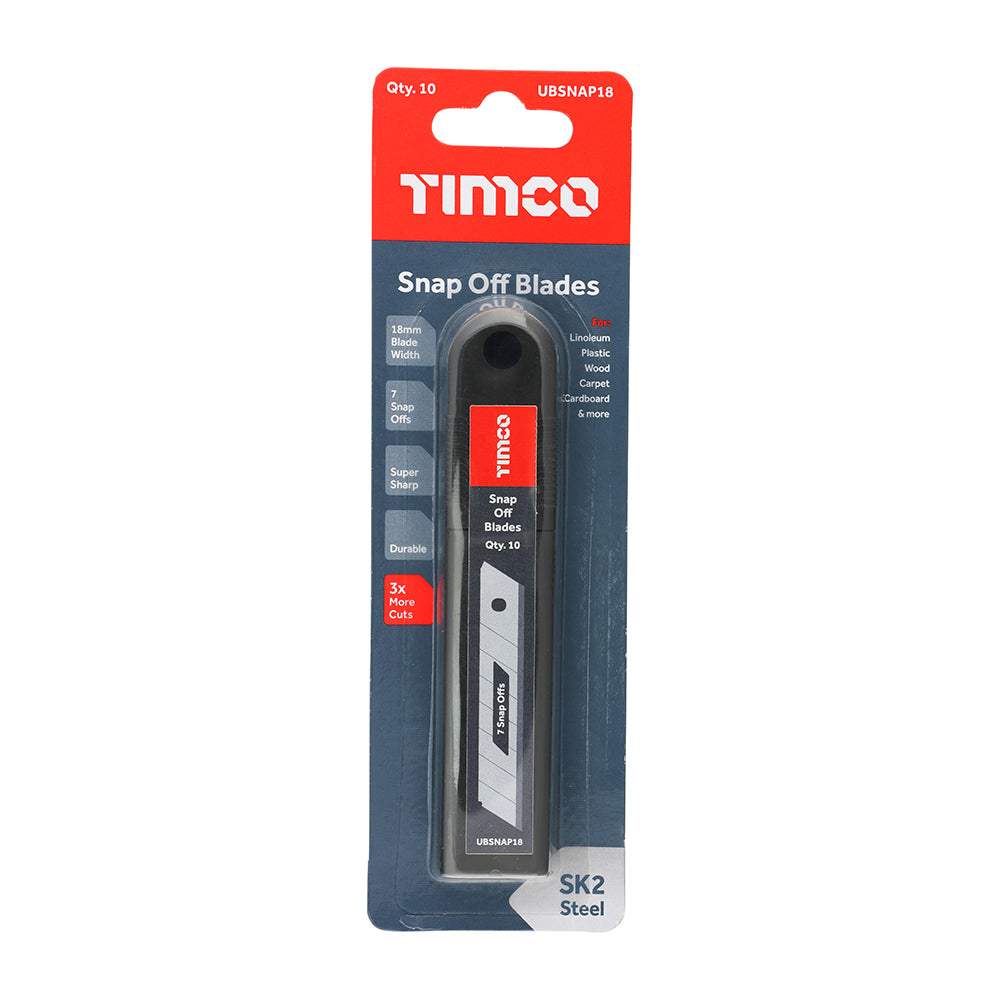 This is an image showing TIMCO Snap Off Utility Knife Blades - 100 x 18 x 0.6 - 10 Pieces Backing Card available from T.H Wiggans Ironmongery in Kendal, quick delivery at discounted prices.