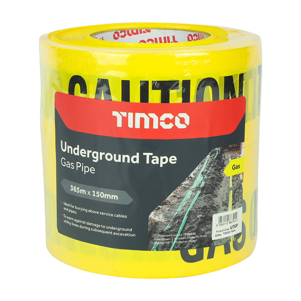 This is an image showing TIMCO Underground Tape - Gas Pipe - 365m x 150mm - 1 Each Roll available from T.H Wiggans Ironmongery in Kendal, quick delivery at discounted prices.