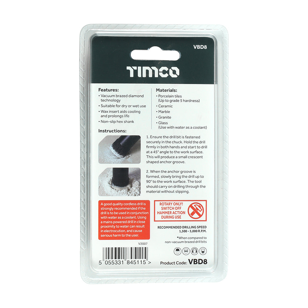 This is an image showing TIMCO Premium Diamond Tile & Glass Bit - 8.0mm - 1 Each Blister Pack available from T.H Wiggans Ironmongery in Kendal, quick delivery at discounted prices.