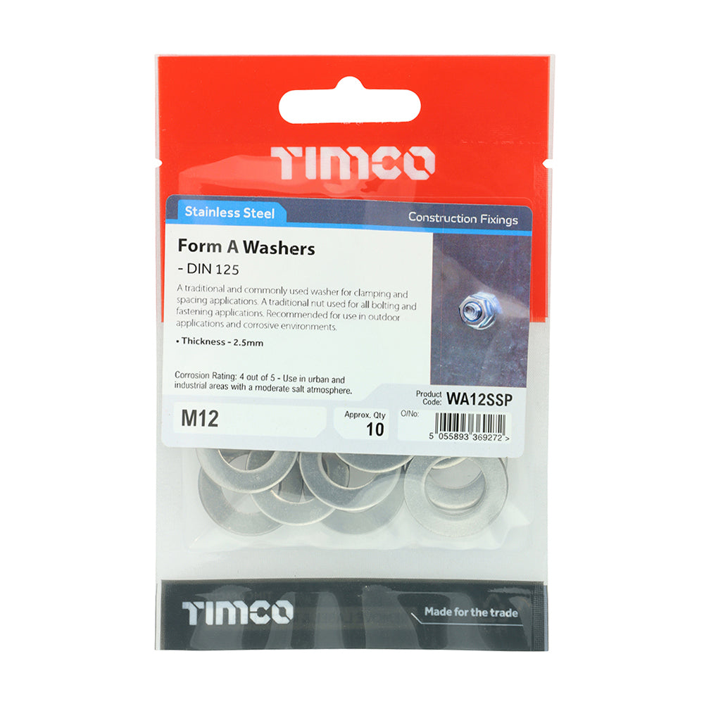 This is an image showing TIMCO Form A Washers - Stainless Steel - M12 - 10 Pieces TIMpac available from T.H Wiggans Ironmongery in Kendal, quick delivery at discounted prices.
