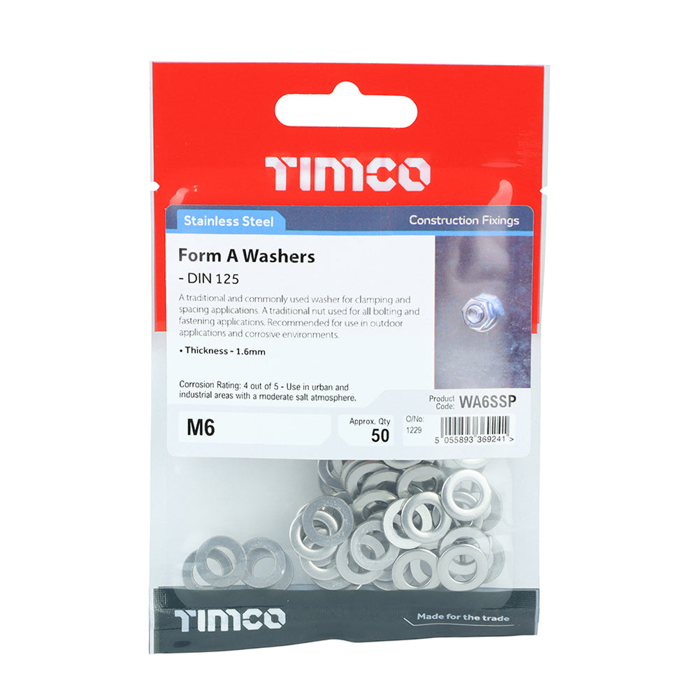 This is an image showing TIMCO Form A Washers - Stainless Steel - M6 - 50 Pieces TIMpac available from T.H Wiggans Ironmongery in Kendal, quick delivery at discounted prices.