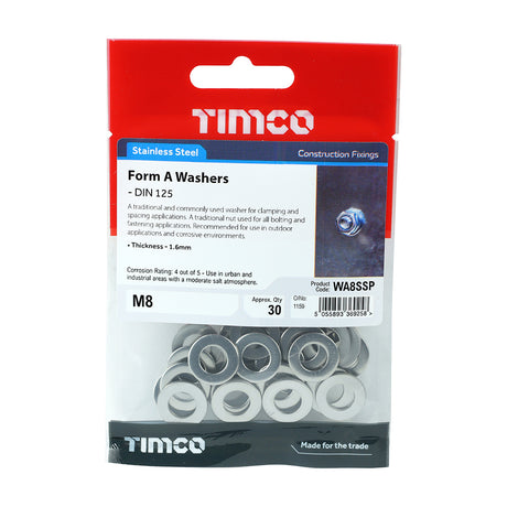 This is an image showing TIMCO Form A Washers - Stainless Steel - M8 - 30 Pieces TIMpac available from T.H Wiggans Ironmongery in Kendal, quick delivery at discounted prices.