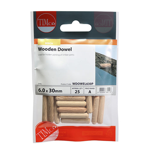 This is an image showing TIMCO Wooden Dowels - 6.0 x 30 - 25 Pieces TIMpac available from T.H Wiggans Ironmongery in Kendal, quick delivery at discounted prices.