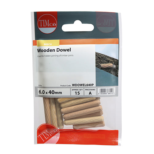 This is an image showing TIMCO Wooden Dowels - 6.0 x 40 - 15 Pieces TIMpac available from T.H Wiggans Ironmongery in Kendal, quick delivery at discounted prices.
