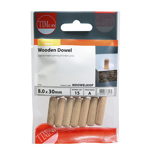 This is an image showing TIMCO Wooden Dowels - 8.0 x 30 - 15 Pieces TIMpac available from T.H Wiggans Ironmongery in Kendal, quick delivery at discounted prices.