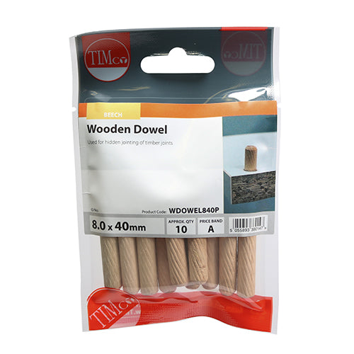 This is an image showing TIMCO Wooden Dowels - 8.0 x 40 - 10 Pieces TIMpac available from T.H Wiggans Ironmongery in Kendal, quick delivery at discounted prices.