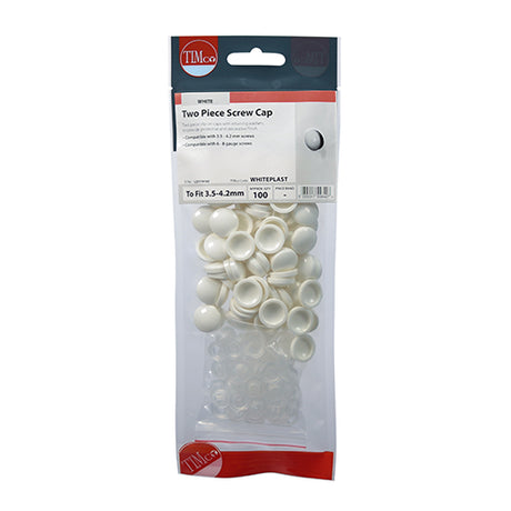 This is an image showing TIMCO Two Piece Screw Caps - White - To fit 3.5 to 4.2 Screw - 100 Pieces TIMpac available from T.H Wiggans Ironmongery in Kendal, quick delivery at discounted prices.