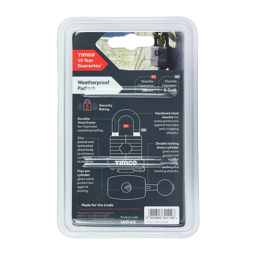 This is an image showing TIMCO Weatherproof Padlock - 40mm - 1 Each Blister Pack available from T.H Wiggans Ironmongery in Kendal, quick delivery at discounted prices.