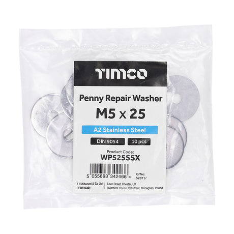 This is an image showing TIMCO Penny / Repair Washers - A2 Stainless Steel - M5 x 25 - 10 Pieces Bag available from T.H Wiggans Ironmongery in Kendal, quick delivery at discounted prices.