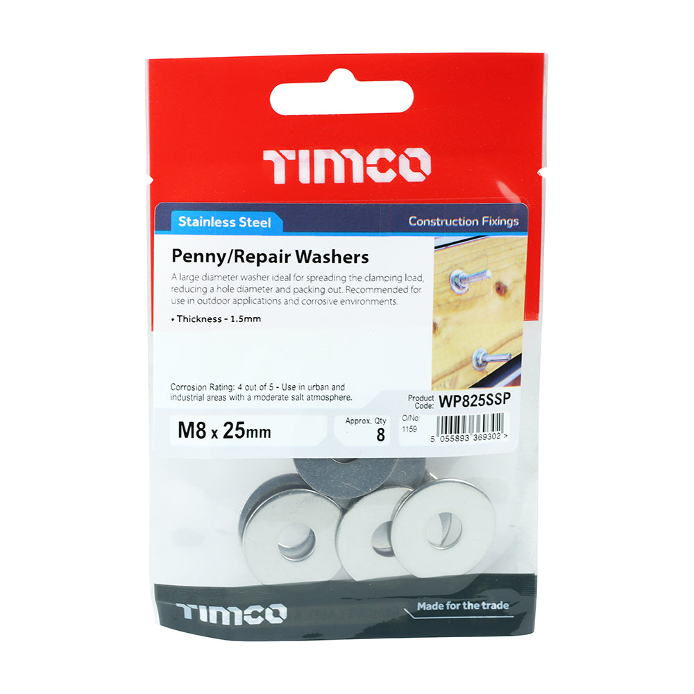 This is an image showing TIMCO Penny / Repair Washers - Stainless Steel - M8 x 25 - 8 Pieces TIMpac available from T.H Wiggans Ironmongery in Kendal, quick delivery at discounted prices.