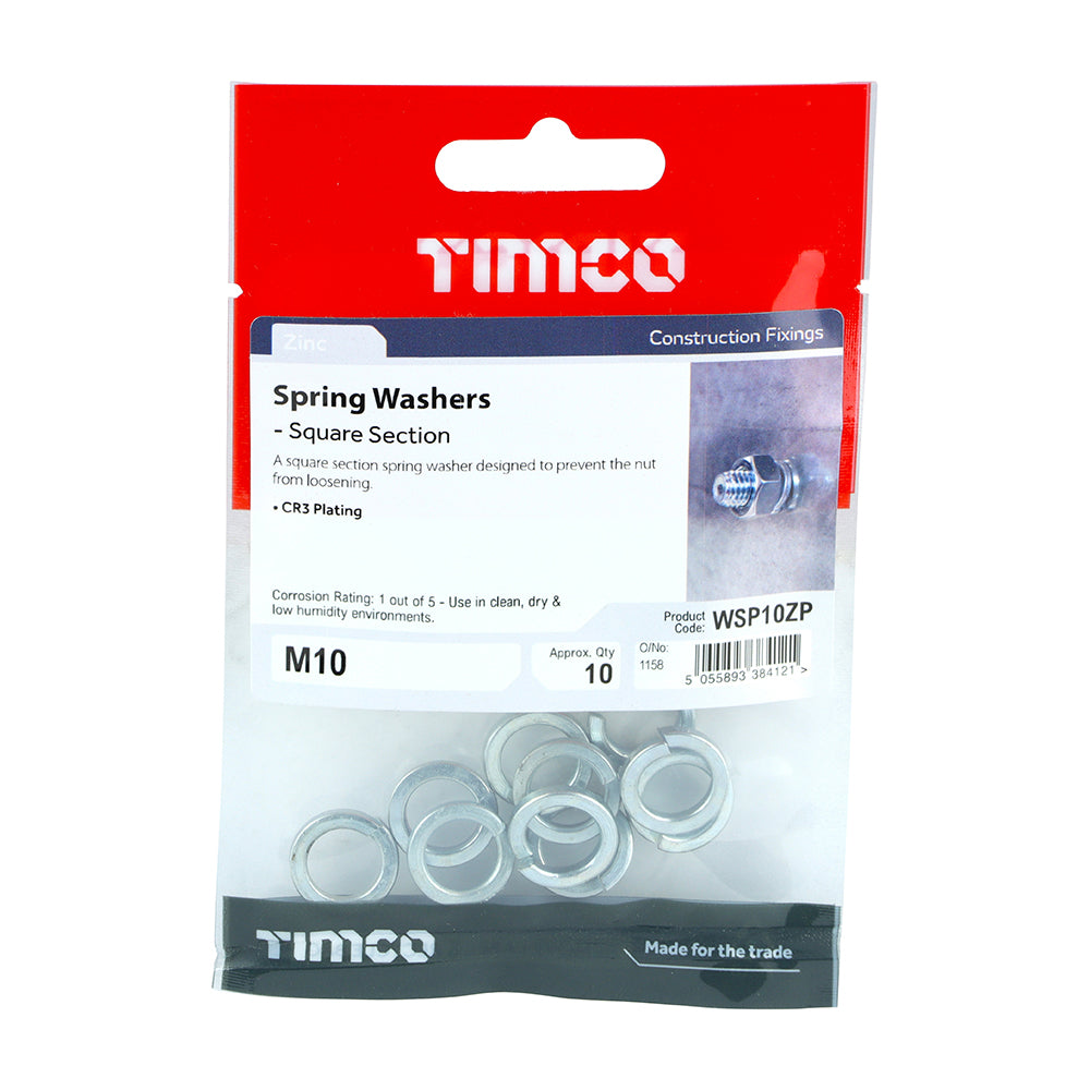 This is an image showing TIMCO Spring Washers - Zinc - M10 - 10 Pieces TIMpac available from T.H Wiggans Ironmongery in Kendal, quick delivery at discounted prices.