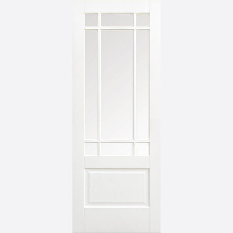 This is an image showing LPD - Downham 9L Glazed Primed White Doors 726 x 2040 available from T.H Wiggans Ironmongery in Kendal, quick delivery at discounted prices.