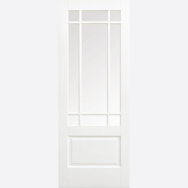 This is an image showing LPD - Downham 9L Glazed Primed White Doors 826 x 2040 available from T.H Wiggans Ironmongery in Kendal, quick delivery at discounted prices.