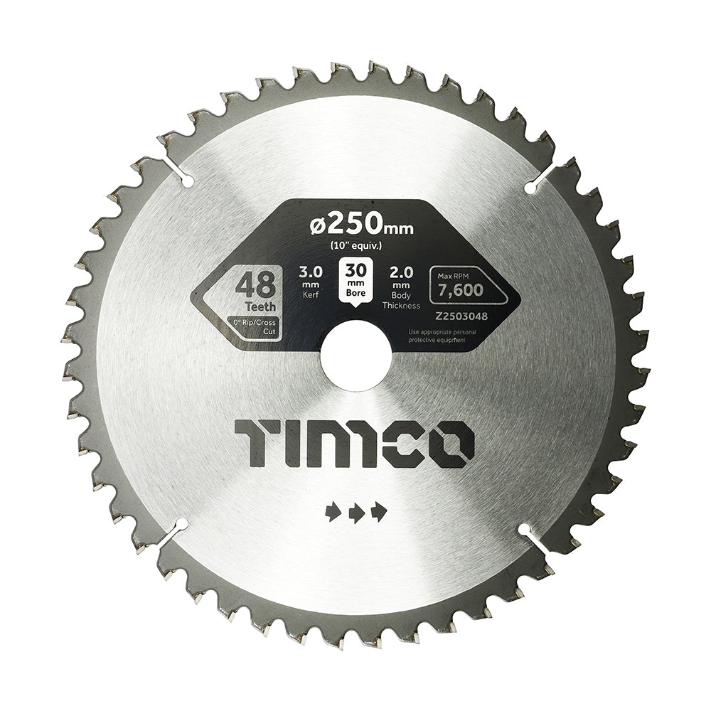This is an image showing TIMCO 0° Mitre Saw Blade - 250 x 30 x 48T - 1 Each Clamshell available from T.H Wiggans Ironmongery in Kendal, quick delivery at discounted prices.