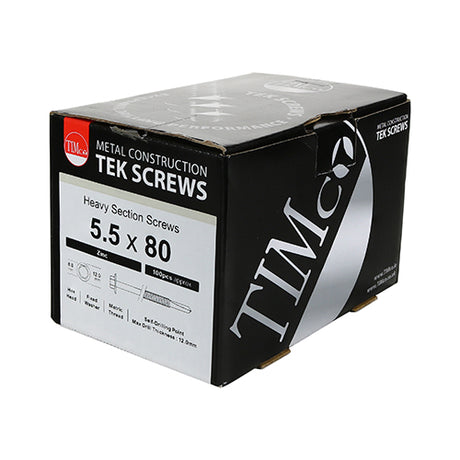 This is an image showing TIMCO Metal Construction Heavy Section Screws - Hex - Self-Drilling - Zinc - 5.5 x 100 - 100 Pieces Box available from T.H Wiggans Ironmongery in Kendal, quick delivery at discounted prices.