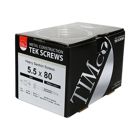 This is an image showing TIMCO Metal Construction Heavy Section Screws - Hex - Self-Drilling - Zinc - 5.5 x 80 - 100 Pieces Box available from T.H Wiggans Ironmongery in Kendal, quick delivery at discounted prices.