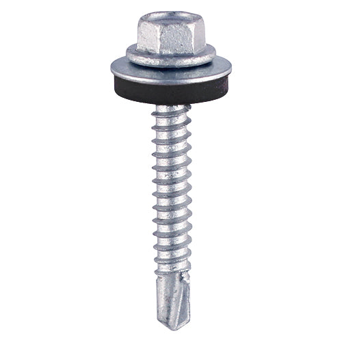 This is an image showing TIMCO Metal Construction Light Section Screws - Hex - EPDM Washer - Self-Drilling - Zinc - 5.5 x 38 - 100 Pieces Bag available from T.H Wiggans Ironmongery in Kendal, quick delivery at discounted prices.