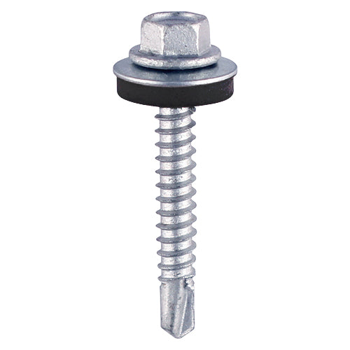 This is an image showing TIMCO Metal Construction Light Section Screws - Hex - EPDM Washer - Self-Drilling - Zinc - 5.5 x 70 - 100 Pieces Bag available from T.H Wiggans Ironmongery in Kendal, quick delivery at discounted prices.