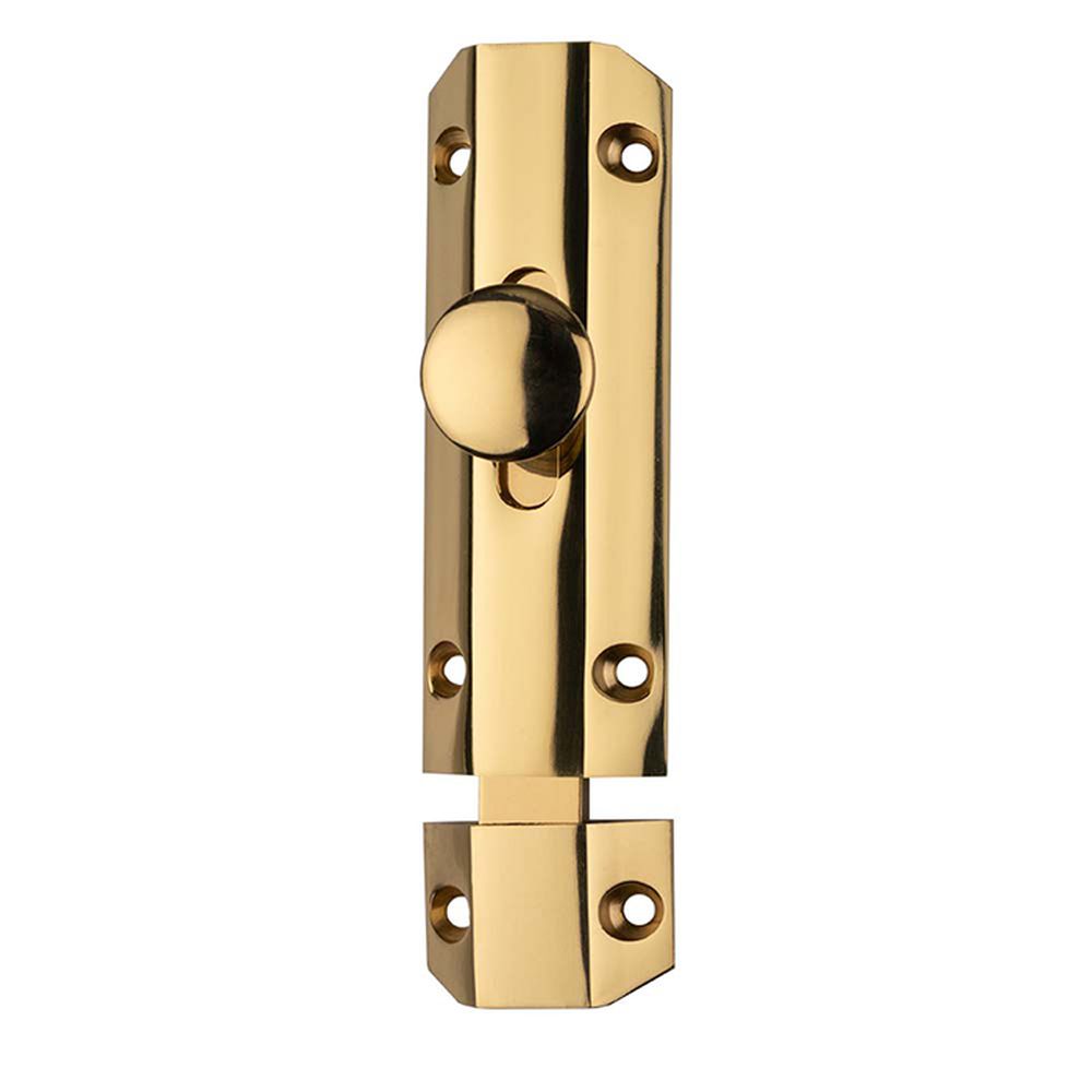 This is an image of a Carlisle Brass - Surface Bolt 102mm - Polished Brass that is availble to order from T.H Wiggans Architectural Ironmongery in Kendal in Kendal.