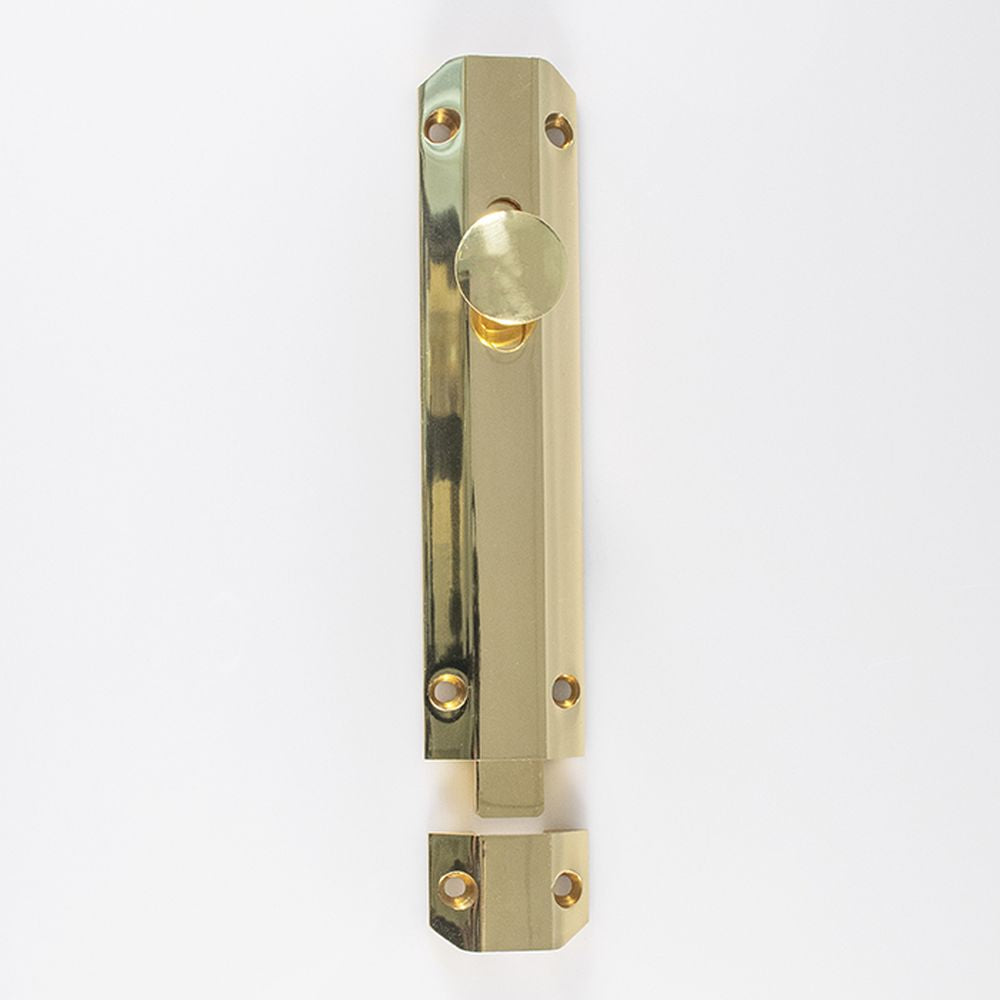 This is an image of a Carlisle Brass - Surface Bolt 152mm - Polished Brass that is availble to order from T.H Wiggans Architectural Ironmongery in Kendal in Kendal.