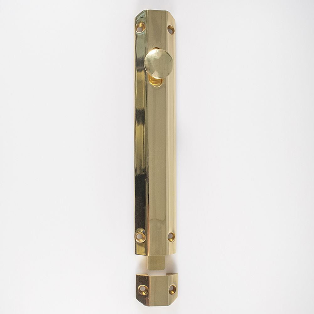 This is an image of a Carlisle Brass - Surface Bolt 203mm - Polished Brass that is availble to order from T.H Wiggans Architectural Ironmongery in Kendal in Kendal.