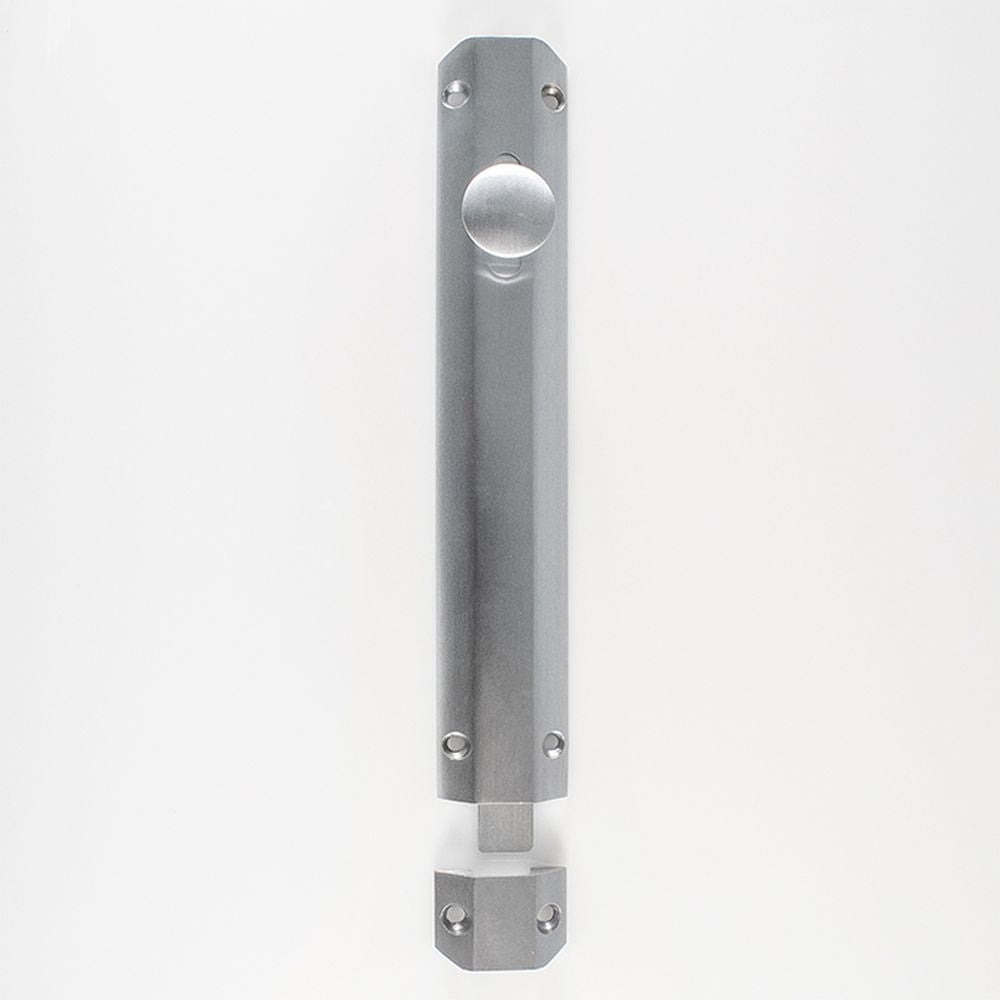 This is an image of a Carlisle Brass - Surface Bolt 203mm - Satin Chrome that is availble to order from T.H Wiggans Architectural Ironmongery in Kendal in Kendal.