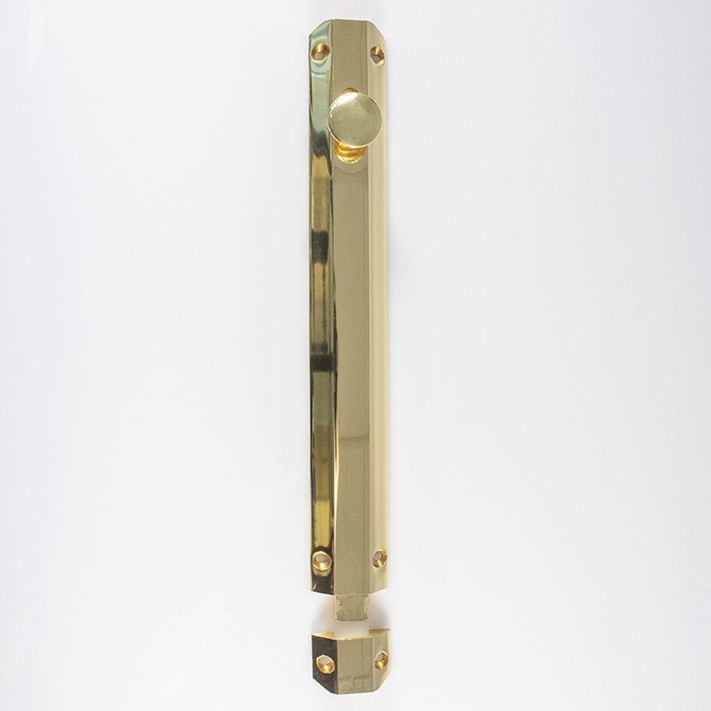 This is an image of a Carlisle Brass - Surface Bolt 255mm - Polished Brass that is availble to order from T.H Wiggans Architectural Ironmongery in Kendal in Kendal.