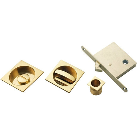 This is an image of a Manital - Sliding Door Set (Square) - Polished Brass that is availble to order from T.H Wiggans Architectural Ironmongery in Kendal.