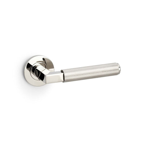 This is an image showing Alexander & Wilks Hurricane Knurled Lever on Round Rose - Polished Nickel PVD aw200pnpvd available to order from T.H Wiggans Ironmongery in Kendal, quick delivery and discounted prices.