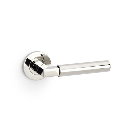 This is an image showing Alexander & Wilks Hurricane Plain Lever on Round Rose - Polished Nickel PVD aw201pnpvd available to order from T.H Wiggans Ironmongery in Kendal, quick delivery and discounted prices.