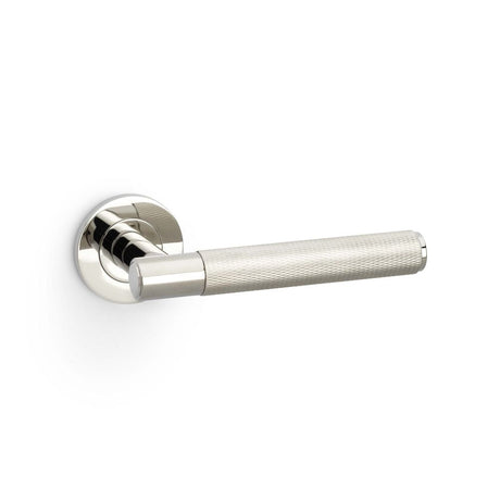 This is an image showing Alexander & Wilks Spitfire Knurled Lever on Round Rose - Polished Nickel PVD aw220pnpvd available to order from T.H Wiggans Ironmongery in Kendal, quick delivery and discounted prices.