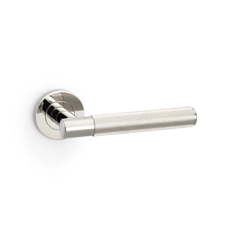 This is an image showing Alexander & Wilks Spitfire Reeded Lever on Round Rose - Polished Nickel PVD aw222pnpvd available to order from T.H Wiggans Ironmongery in Kendal, quick delivery and discounted prices.