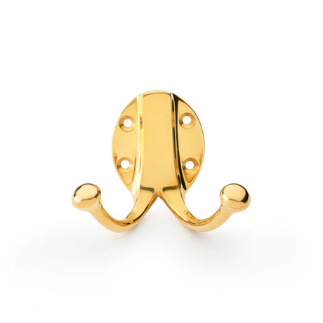 This is an image showing Alexander & Wilks Traditional Double Robe Hook - Unlacquered Brass aw771ub available to order from T.H Wiggans Ironmongery in Kendal, quick delivery and discounted prices.