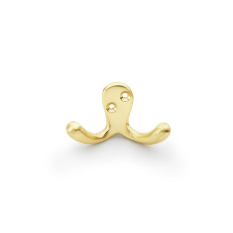 This is an image showing Alexander & Wilks Victorian Double Robe Hook - Satin Brass aw773sb available to order from T.H Wiggans Ironmongery in Kendal, quick delivery and discounted prices.