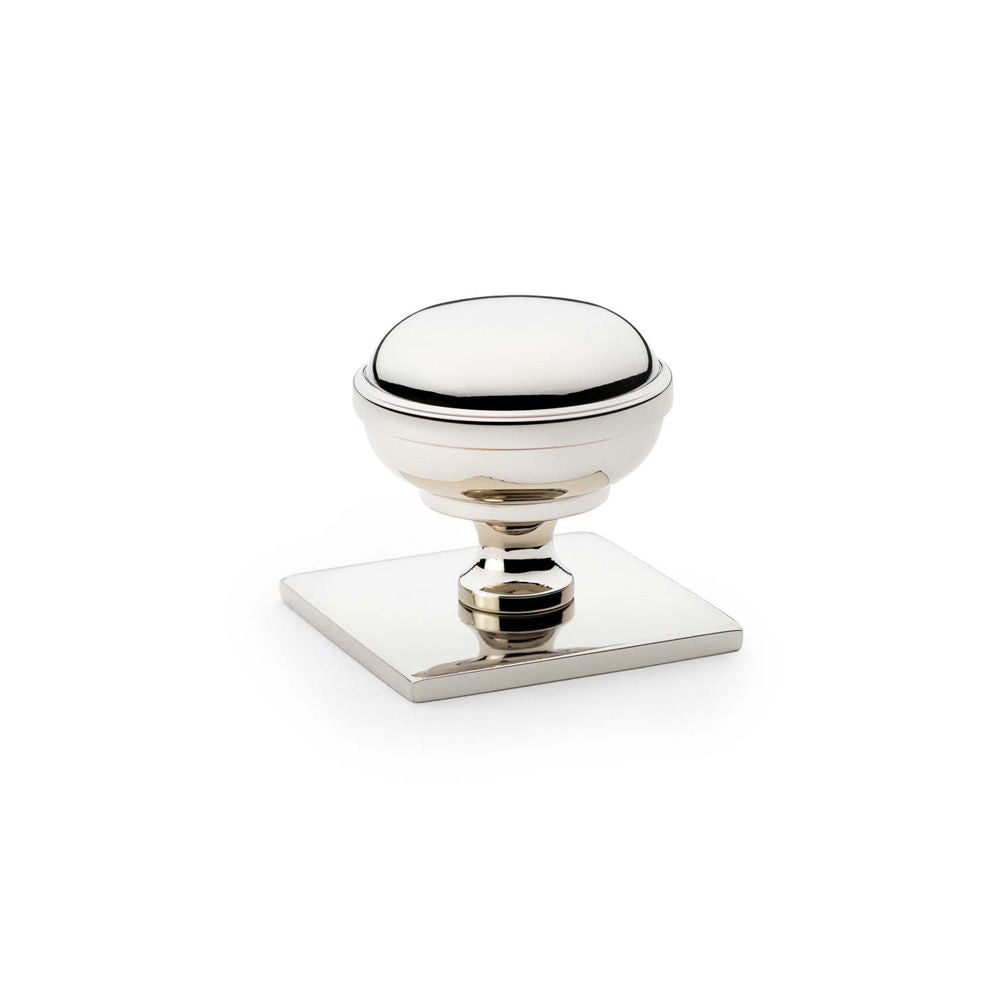 This is an image showing Alexander & Wilks Quantock Cupboard Knob on Square Backplate - Polished Nickel - 34mm aw826-34-pn available to order from T.H Wiggans Ironmongery in Kendal, quick delivery and discounted prices.