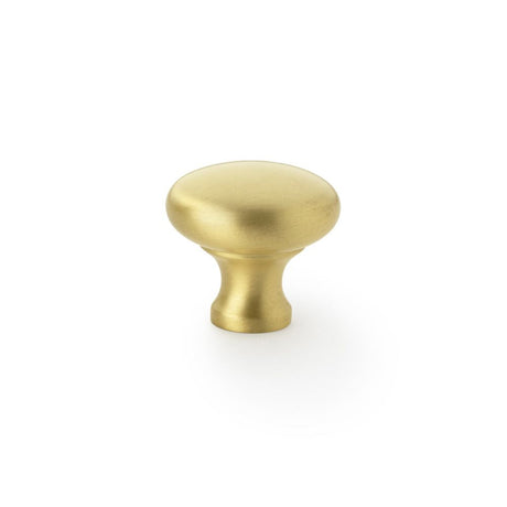This is an image showing Alexander & Wilks Wade Round Cupboard Knob - Satin Brass - 32mm aw836-32-sb available to order from T.H Wiggans Ironmongery in Kendal, quick delivery and discounted prices.