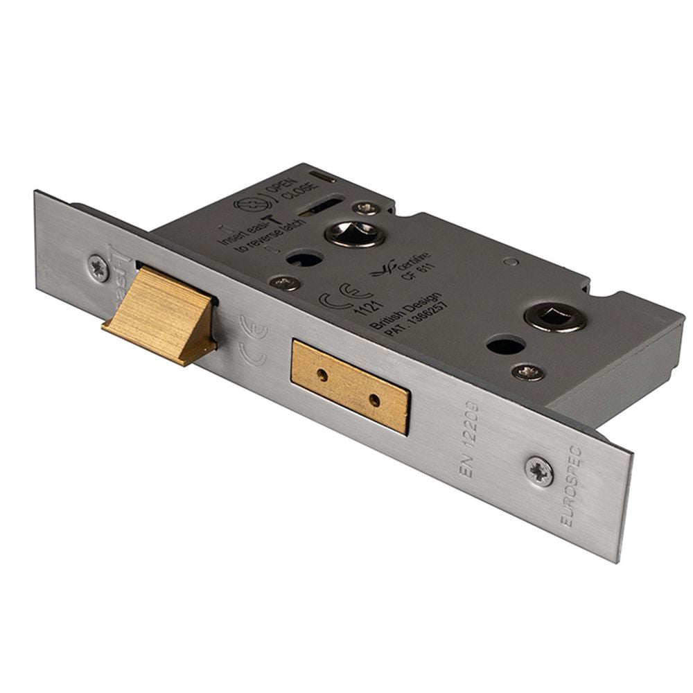This is an image of a Eurospec - Bathroom Lock 64mm - Satin Stainless Steel that is availble to order from T.H Wiggans Architectural Ironmongery in Kendal.