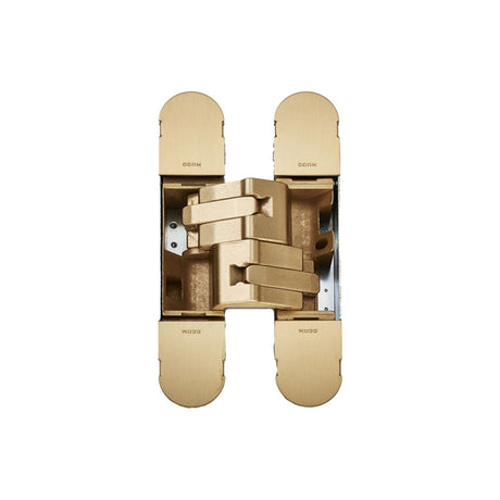 This is an image of a Eurospec - 100mm Ceam 3D Concealed Hinge 1131 - Galvanic Satin Brass that is availble to order from T.H Wiggans Architectural Ironmongery in in Kendal.