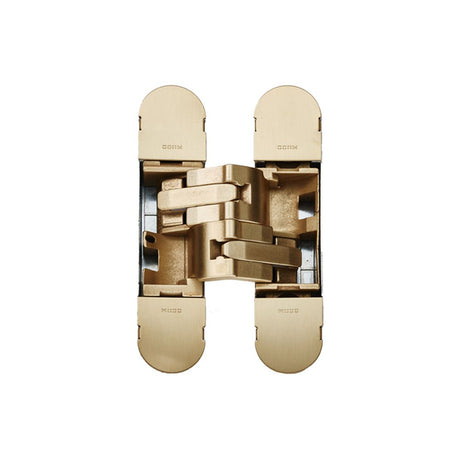 This is an image of a Eurospec - 100mm Ceam 3D Concealed Hinge 1230 - Galvanic Satin Brass that is availble to order from T.H Wiggans Architectural Ironmongery in in Kendal.