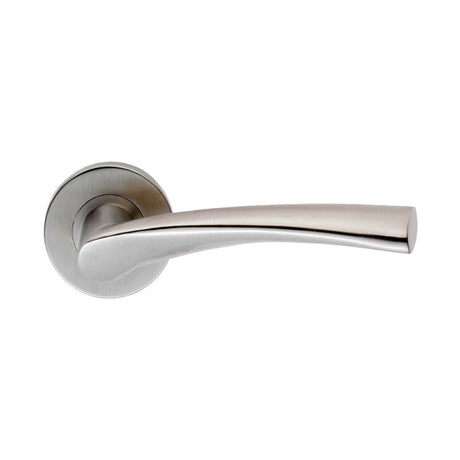 This is an image of Eurospec - Designer Lever on Sprung Rose - Satin Stainless Steel available to order from T.H Wiggans Architectural Ironmongery in Kendal, quick delivery and discounted prices.
