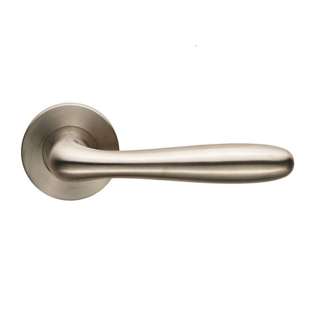 This is an image of Eurospec - Peninsula Lever on 6mm Slim Fit Sprung Rose - Satin Stainless Steel available to order from T.H Wiggans Architectural Ironmongery in Kendal, quick delivery and discounted prices.