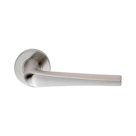 This is an image of Eurospec - Plaza Lever on Sprung Rose - Satin Stainless Steel available to order from T.H Wiggans Architectural Ironmongery in Kendal, quick delivery and discounted prices.