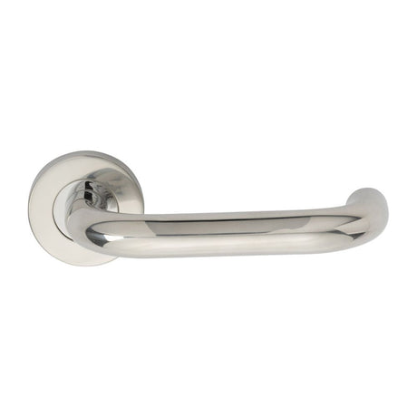This is an image of Eurospec - Nera Safety Lever on Sprung Rose - Bright Stainless Steel available to order from T.H Wiggans Architectural Ironmongery in Kendal, quick delivery and discounted prices.