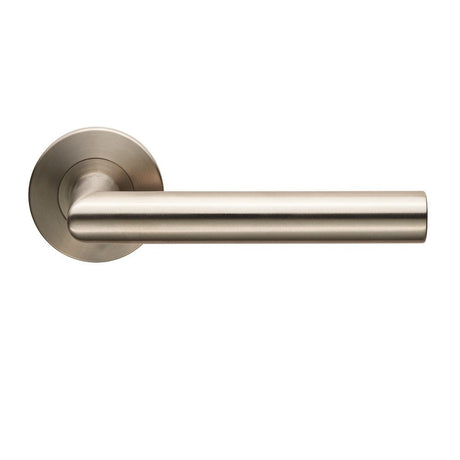 This is an image of Eurospec - Treviri Lever on 6mm Slim Fit Sprung Rose - Satin Stainless Steel available to order from T.H Wiggans Architectural Ironmongery in Kendal, quick delivery and discounted prices.