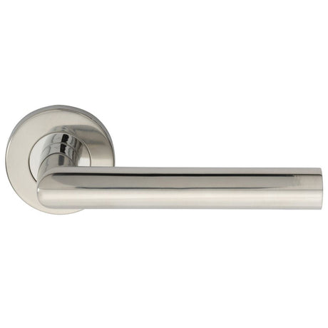 This is an image of Eurospec - Mitred Round Bar Lever on Sprung Rose - Bright Stainless Steel available to order from T.H Wiggans Architectural Ironmongery in Kendal, quick delivery and discounted prices.