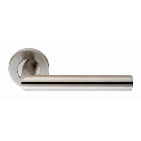 This is an image of Eurospec - Mitred Round Bar Lever on Sprung Rose - Satin Stainless Steel available to order from T.H Wiggans Architectural Ironmongery in Kendal, quick delivery and discounted prices.