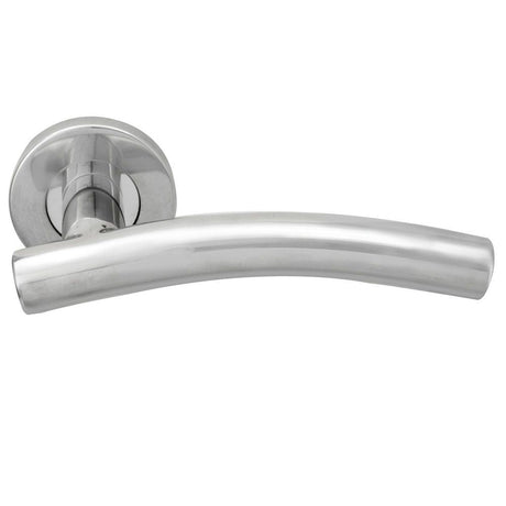 This is an image of Eurospec - Curved Lever on Sprung Rose - Bright Stainless Steel available to order from T.H Wiggans Architectural Ironmongery in Kendal, quick delivery and discounted prices.