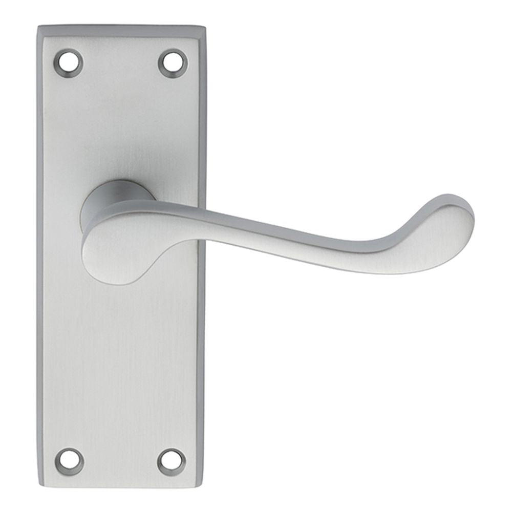 This is an image of Carlisle Brass - Victorian Scroll Lever on Short Latch Backplate - Satin Chrome available to order from T.H Wiggans Architectural Ironmongery in Kendal, quick delivery and discounted prices.