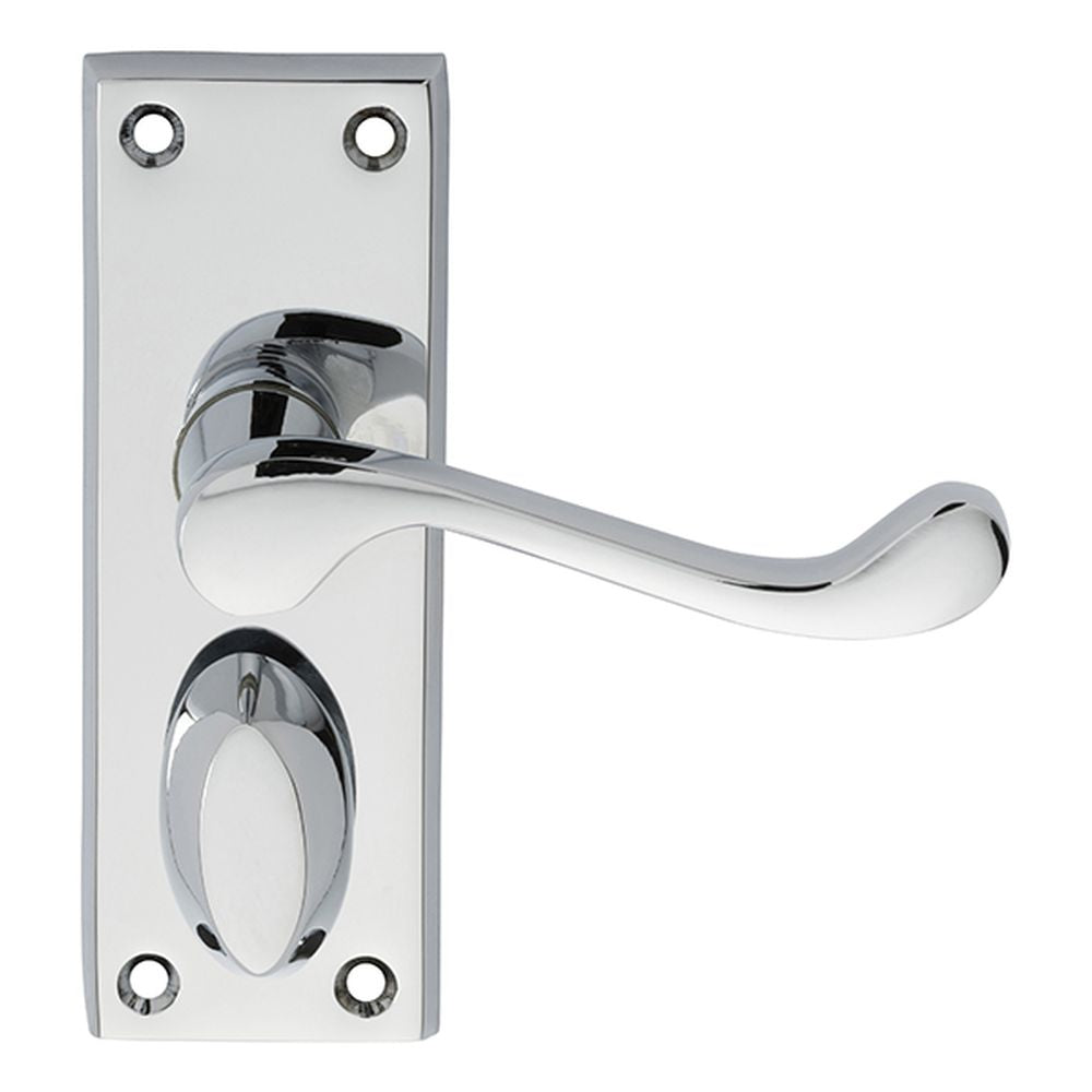 This is an image of Carlisle Brass - Victorian Scroll Lever on Short Privacy Backplate - Polished Ch available to order from T.H Wiggans Architectural Ironmongery in Kendal, quick delivery and discounted prices.